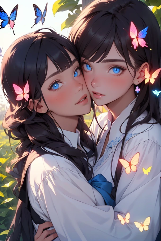 1 girl, 1 boy, princess hug, flower bush, masterpiece, best quality, delicate facial features, glowing butterflies, beautiful eyes, beautiful face