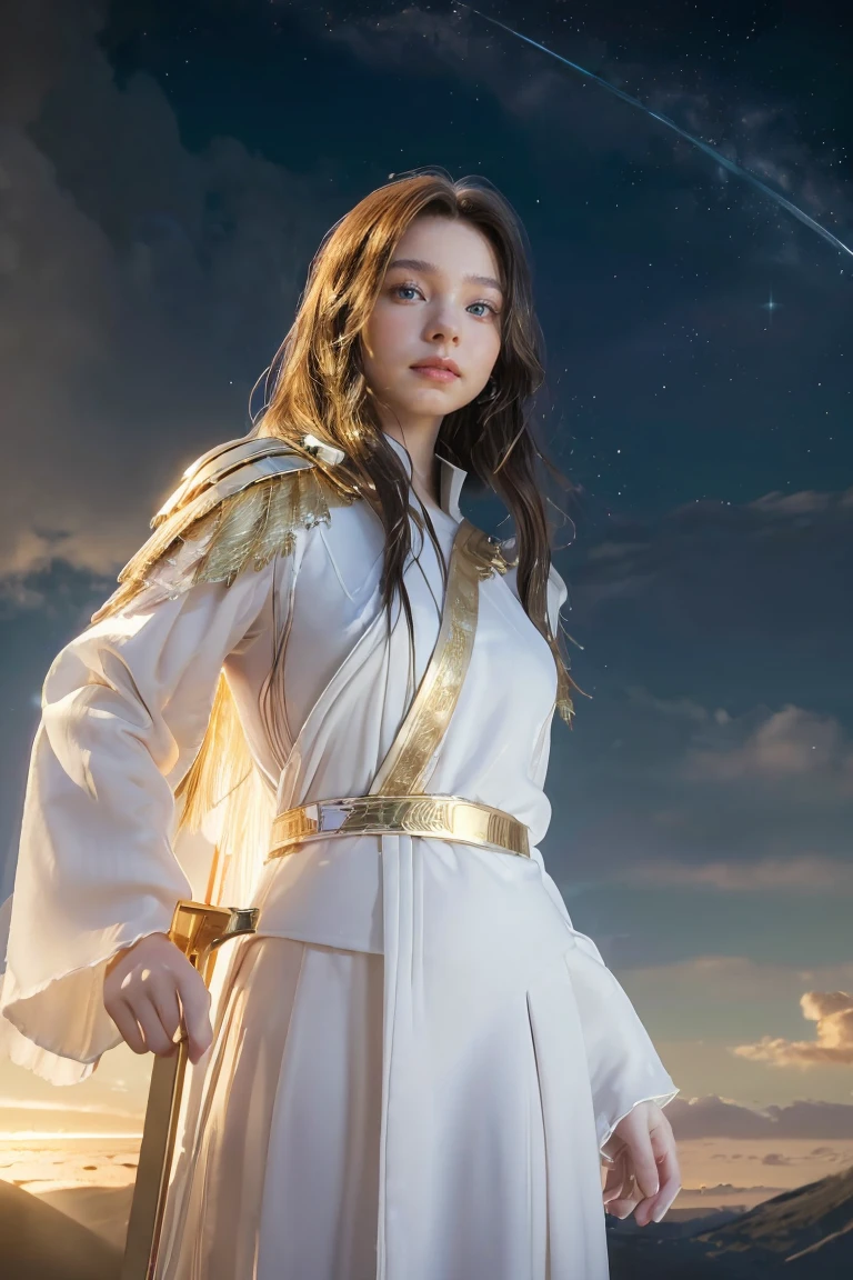 ((masterpiece, best quality, extremely detailed), volumetric lighting, ambient occlusion, colorful, glowing), 
1girl, solo, young girl, (dark hair), long hair, halo, aura, sacred, goddess, cleric suit, (white outfit with gold detailst:1.3), armor,
outdoors, sunset, sky, clouds, space, (fantasy theme:1.2),