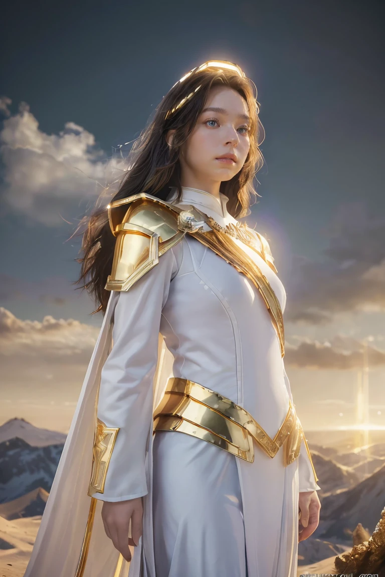 ((masterpiece, best quality, extremely detailed), volumetric lighting, ambient occlusion, colorful, glowing), 
1girl, solo, young girl, (dark hair), long hair, halo, aura, sacred, goddess, cleric suit, (white outfit with gold detailst:1.3), armor,
outdoors, sunset, sky, clouds, space, (fantasy theme:1.2),