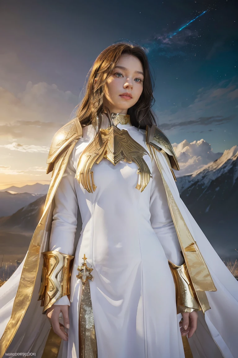 ((masterpiece, best quality, extremely detailed), volumetric lighting, ambient occlusion, colorful, glowing),
1girl, solo, young girl, (dark hair), long hair, halo, aura, sacred, goddess, cleric suit, (white outfit with gold detailst:1.3), armor,
outdoors, sunset, sky, clouds, space, (fantasy theme:1.2),