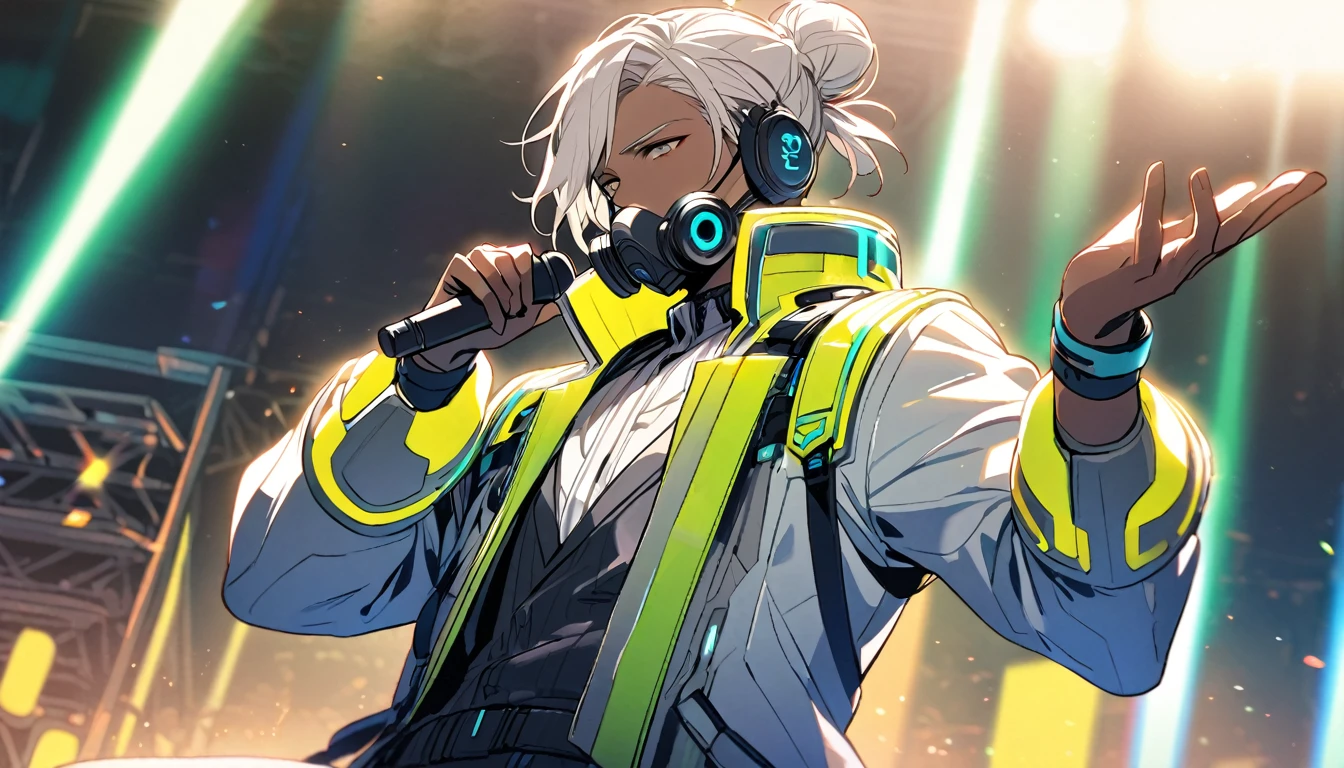 Handsome, single, 1 man, hair tied in a bun, dark skin, white hair, headphones, a neon-colored sci-fi robot suit, on stage singing, wearing a gas mask. ,neon coat