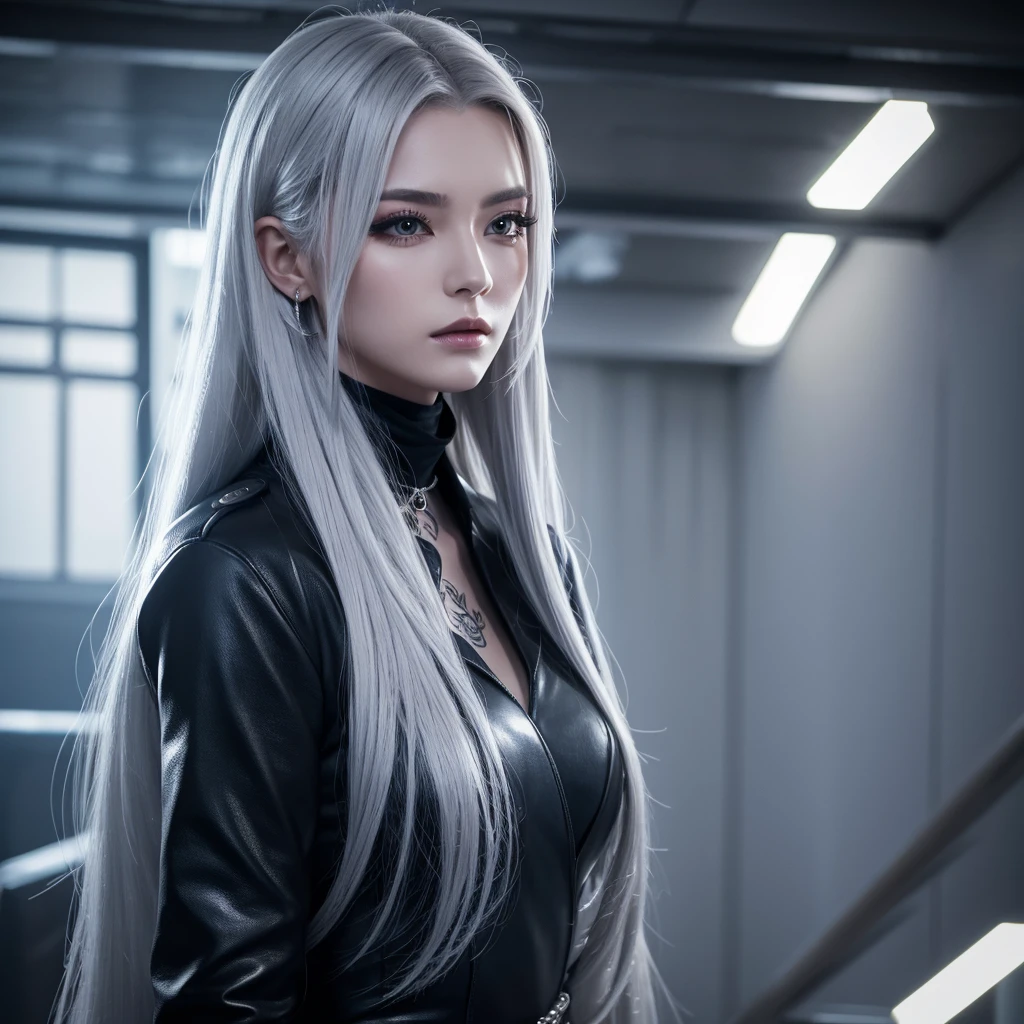 1girl, long silver hair, tattoo, beautiful, elegant, antagonist, Ultra HD, 4k, 8k, best quality