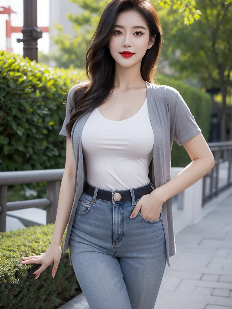 Drawing lips correctly, Red lipstick, From the chest up, best quality, Very detailed, lifelike, Super delicate skin, Perfect anatomical structure, (1 日本Mature的女人), (Solitary)，Wear a gray shirt，Short sleeve，Blue Jeans，Black Belt，short hair，37-year-old female，Mature，Charming smile，Outdoor Background，Standing，Leg length，Chubby，Large Breasts，Standing up，full-body shot