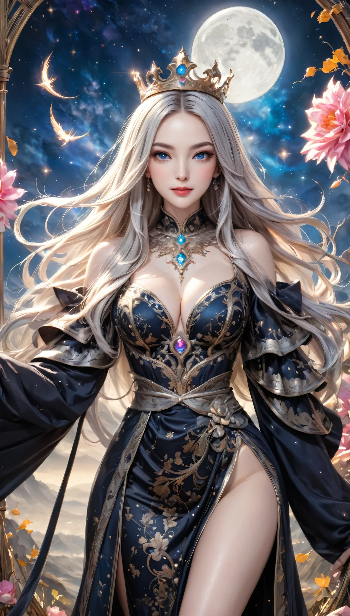 8K resolution, masterpiece, Highest quality, Award-winning works, unrealistic, From above, erotic, sole sexy lady, healthy shaped body, Anatomically accurate skeleton, 22 years old, black mage, 170cm tall, huge firm bouncing busts,, white silver long wavy hair, Detailed facial depictions, Break, Mysterious blue eyes, Standard nose, Eyeliner, pink lips, sexy long legs, Transparent and shiny skin, holy knight, Gothic ruffle long dress, A dress with a complex structure, Seven-colored colorful dress, Clothed in flames, royal coat of arms, elegant, Very detailed, Delicate depiction of hair, miniature painting, Digital Painting, artステーション, コンセプトart, Smooth, Sharp focus, shape, artジャム、Greg Rutkowski、Alphonse Mucha、William Adolphe Bouguereau、art：Stephanie Law , Royal Jewel, nature, Symmetric, Greg Rutkowski, Charlie Bowwater, Unreal, Surreal, Dynamic Lighting, ファンタジーart, Complex colors, Buddhist Mandala, Colorful magic circle, flash, dynamic sexy poses, A kind smile, Mysterious Background, Aura, A gentle gaze, BREAK, Small faint lights and flying fireflies, night, lanthanum, 山の頂From above下界を見下ろす, Starry Sky, milky way, nebula, shooting star, Flowers, birds, wind and moon, (Back view, Looking back towards the camera:1.3), chant healing magic, A pillar of light stretching to the sky, Laser beam, Climb the stairs to heaven