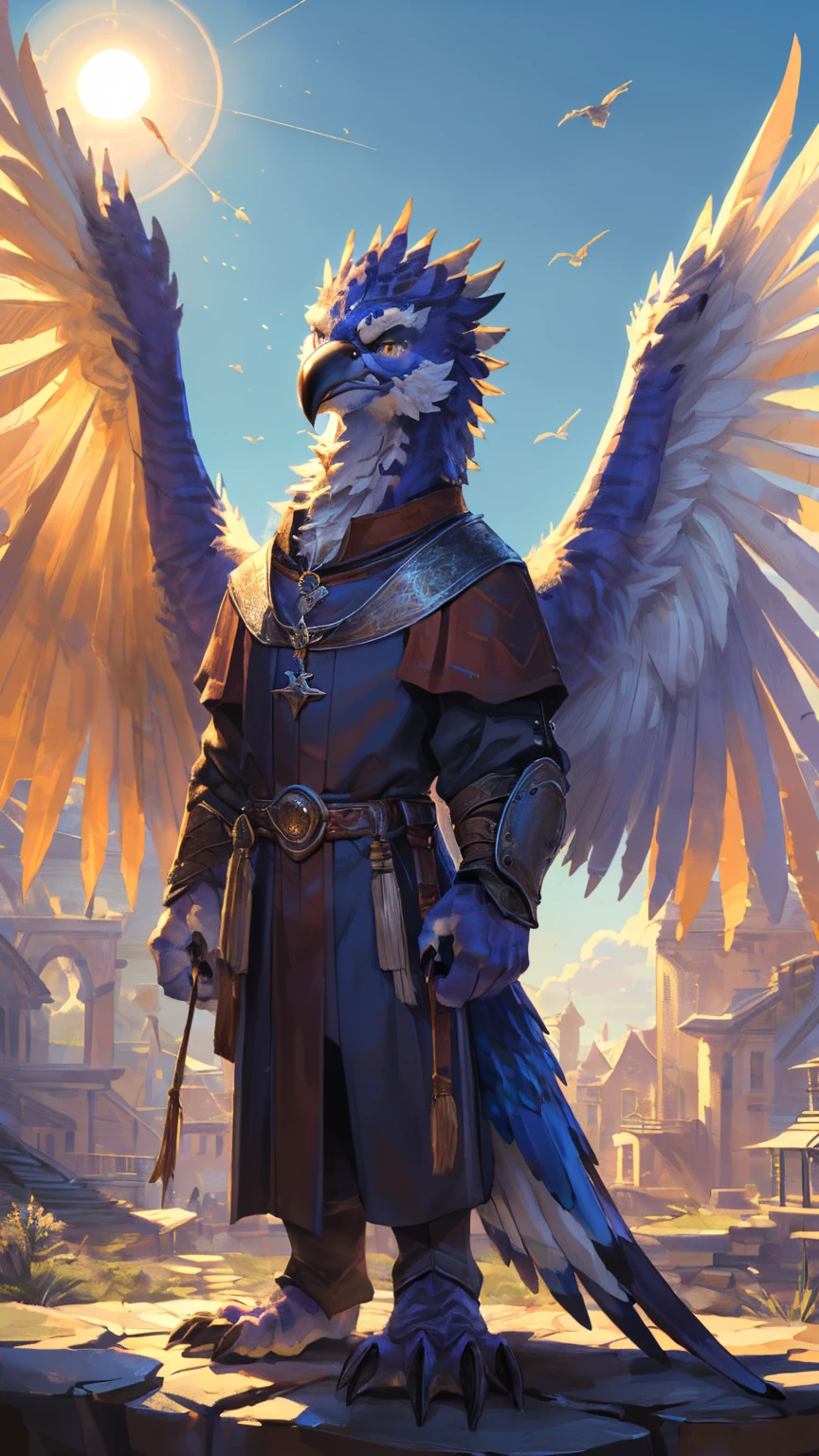 ((middle Ages:1.3))，【Sky background:1.6】，(Royal Family:1.2)，((sunny:1.4))，high resolution，4K，【9:16 Whole body:1.1，posture:1.5】，masterpiece，high quality，((Griffin))，male，Furry，(teenager:1.3)，hairy，((Fierce and vicious:1.4))，(((，Lean:1.2，Big Wings:1.3，Bird claws子:1.3)))，(((White upper body:1.4，White Wings:1.3，pupil:1.2，Bird claws:1.3，Lower Body:1.3)))，Exquisite eyes，Detailed body，Detailed claws，Detailed feet，Kenket&#39;s Art