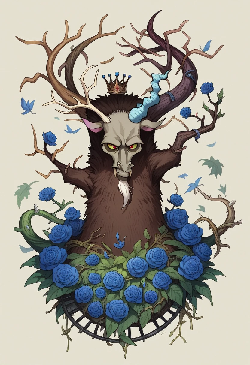 a close up of a skull with a tree and leaves on it, inspired by Alberto Seveso, sylvain sarrailh and igor morski, discord profile picture, thorn crown, detailed full body, portal, edgar maxence and ross tran, eyeless, crown of blue flowers, made of intricate metal and wood, dren from splice