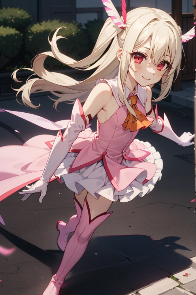 1girl,solo,smile,outdoor,
aaillya,long_hair,blonde_hair,red_eyes,hair_between_eyes,bangs,white_hair,illyamagical,feather_hair_ornament,feather,magical_girl,hair_ornament,gloves,two_side_up,white_gloves,elbow_gloves,detached_sleeves,ascot,thigh_boots,thighhighs,pink_footwear,boots,bare_shoulders,cape