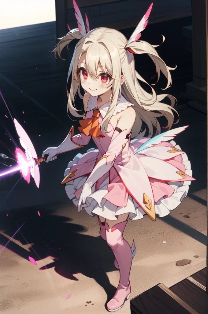 1girl,solo,smile,outdoor,
aaillya,long_hair,blonde_hair,red_eyes,hair_between_eyes,bangs,white_hair,illyamagical,feather_hair_ornament,feather,magical_girl,hair_ornament,gloves,two_side_up,white_gloves,elbow_gloves,detached_sleeves,ascot,thigh_boots,thighhighs,pink_footwear,boots,bare_shoulders,cape