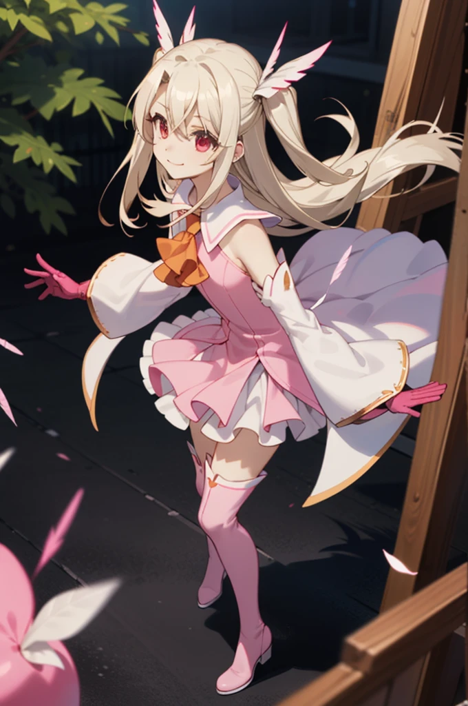 1girl,solo,smile,outdoor,
aaillya,long_hair,blonde_hair,red_eyes,hair_between_eyes,bangs,white_hair,illyamagical,feather_hair_ornament,feather,magical_girl,hair_ornament,gloves,two_side_up,white_gloves,elbow_gloves,detached_sleeves,ascot,thigh_boots,thighhighs,pink_footwear,boots,bare_shoulders,cape