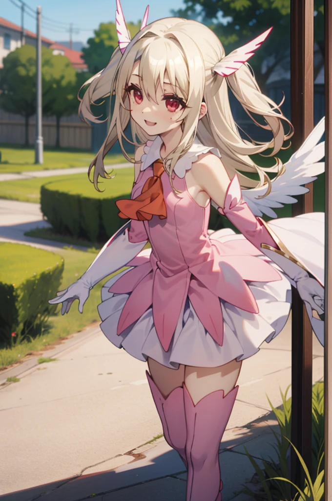 1girl,solo,smile,outdoor,
aaillya,long_hair,blonde_hair,red_eyes,hair_between_eyes,bangs,white_hair,illyamagical,feather_hair_ornament,feather,magical_girl,hair_ornament,gloves,two_side_up,white_gloves,elbow_gloves,detached_sleeves,ascot,thigh_boots,thighhighs,pink_footwear,boots,bare_shoulders,cape