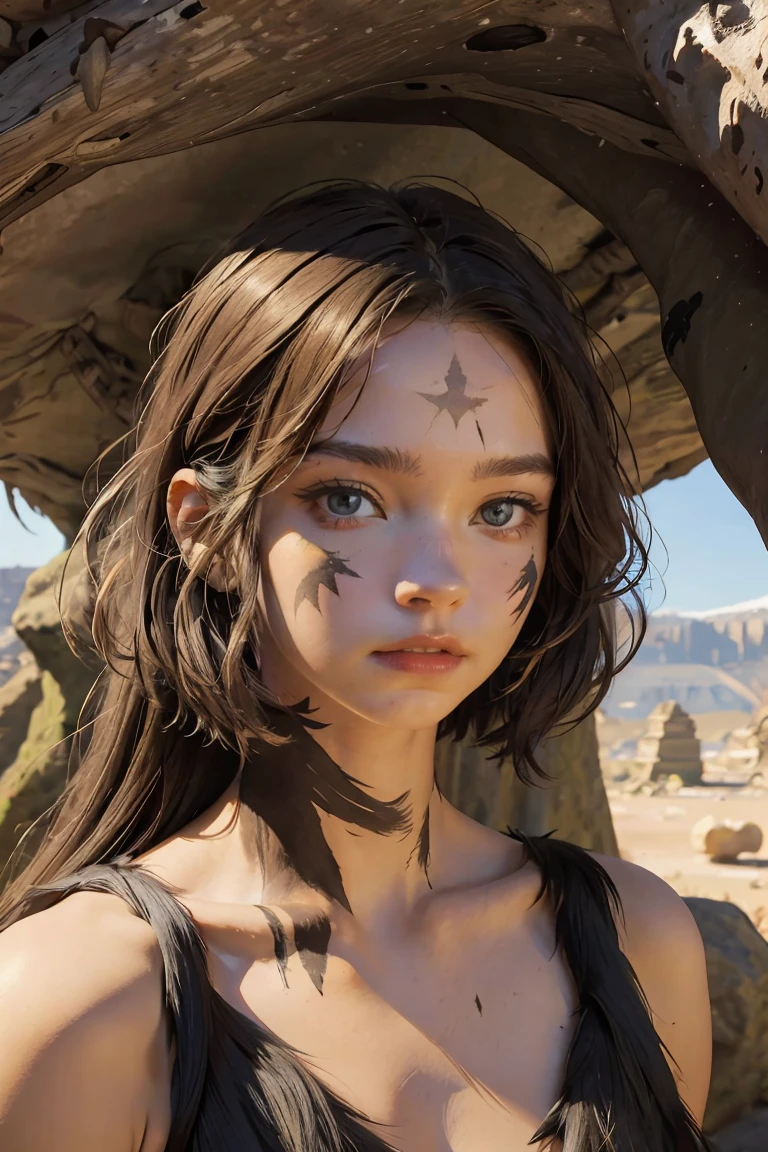 (masterpiece), best quality, expressive eyes, perfect face, female cavewoman, messy hair, thin, upper body, dark hair, ((ancient setting)), cave, tree, handaxe, animal fur over his shoulders, face painted with some marks
