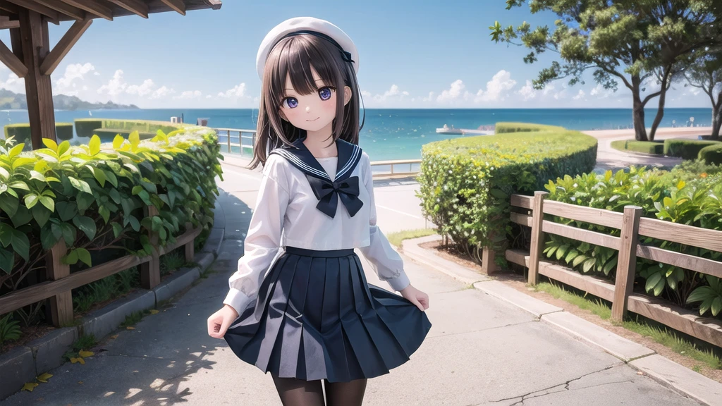 wallpaper, Clear face, (masterpiece), town, blue sky, One Girl, Place the person on the right, smile, alone, Sailor suit、Long skirt, Overgrown, petal, plant、Skirt lining、White slip、nostalgic、pantyhose（gray）、I can see the ocean in the distance, Crotch close-up