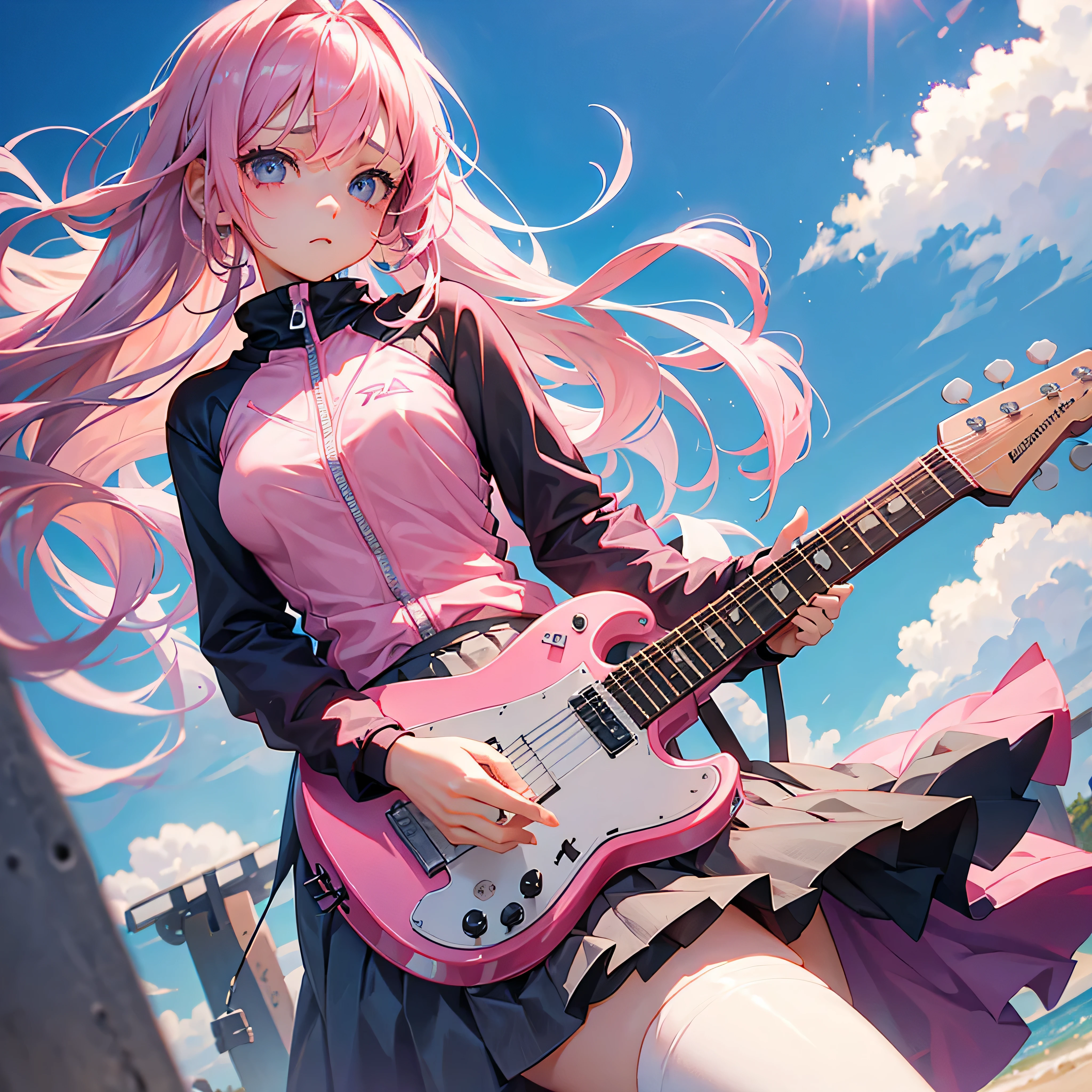 beautiful girl、Troubled face、Pink Hair、Long Hair、Pink jersey、Grey Skirt、I have a guitar、The zipper on his jersey is open、Nipples are visible