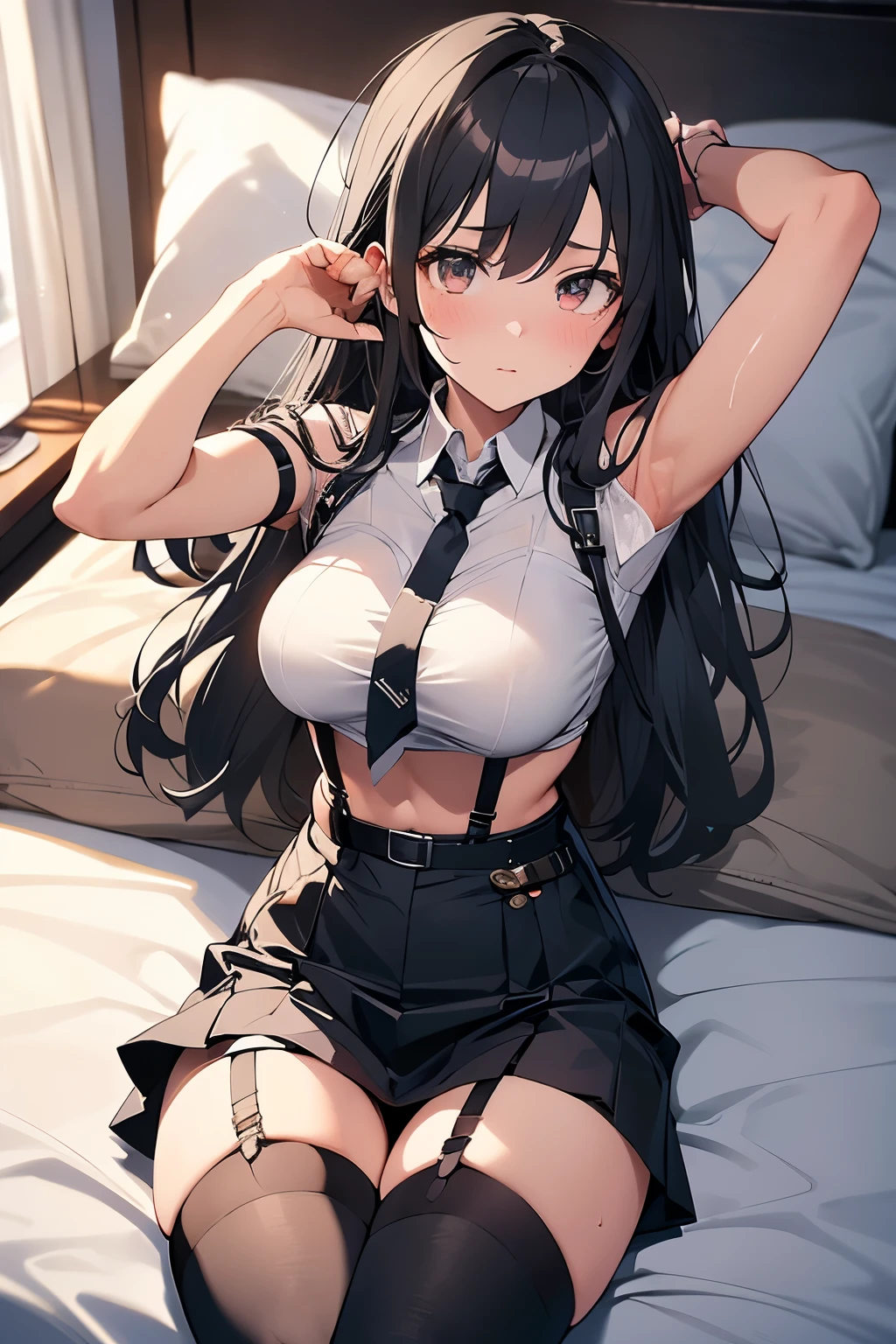 Gazing at the audience Black suspenders bulging big breasts wall mini skirt garterbelt garter vision Small face holster Beautiful woman Show me your hands Lying in bed vision Taunt ~ side ~ side汗 arm belt summer Armpit sweat