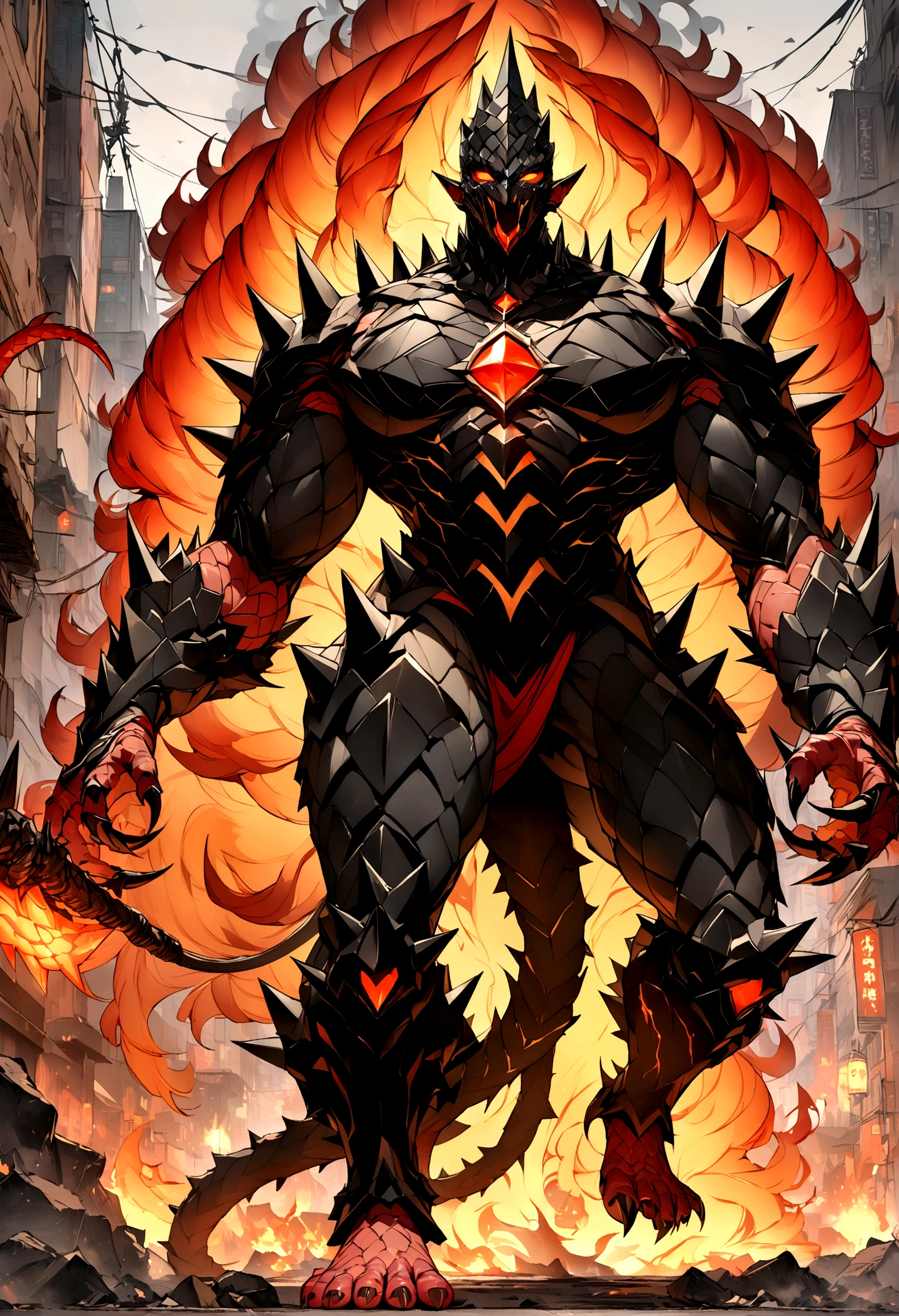 A male with red hair and his Kaiju form behind him, Masterpiece, Best quality, 8K, Detailed skin texture, obsidian-like plates that overlap like armor reptilian head, obsidian spikes running from the forehead to the back of the neck. Four glowing amber eyes, arms with massive claws and blades, feet have three large, taloned toes, A long, whip-like tail ending in a mace-like cluster of obsidian spike, orange lines and aura in between armor. HD. city background destroyed. ultra HD, masterpiece, 4k, 8k