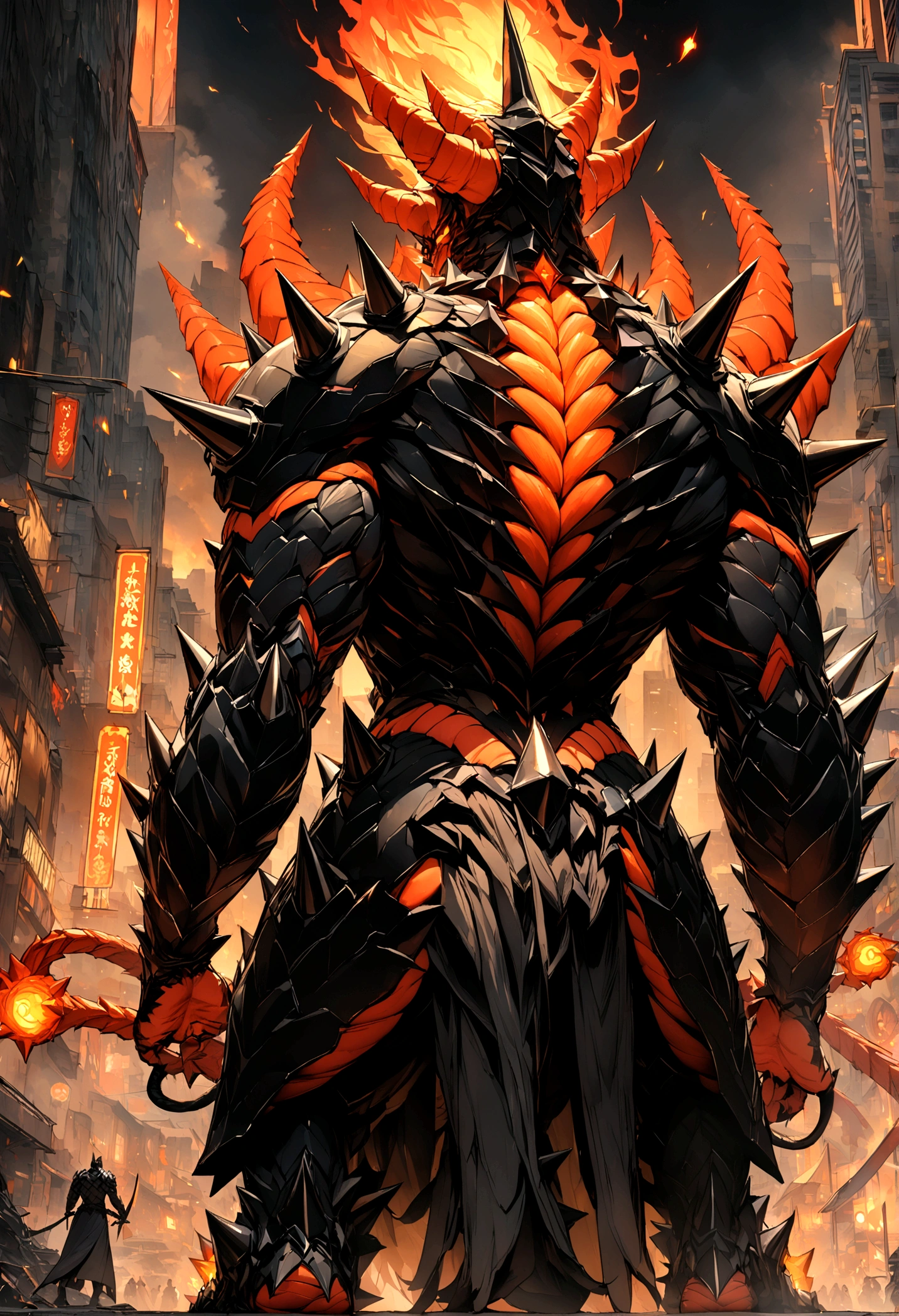 A male with red hair and his Kaiju form behind him, Masterpiece, Best quality, 8K, Detailed skin texture, obsidian-like plates that overlap like armor reptilian head, obsidian spikes running from the forehead to the back of the neck. Four glowing amber eyes, arms with massive claws and blades, feet have three large, taloned toes, A long, whip-like tail ending in a mace-like cluster of obsidian spike, orange lines and aura in between armor. HD. city background destroyed. ultra HD, masterpiece, 4k, 8k