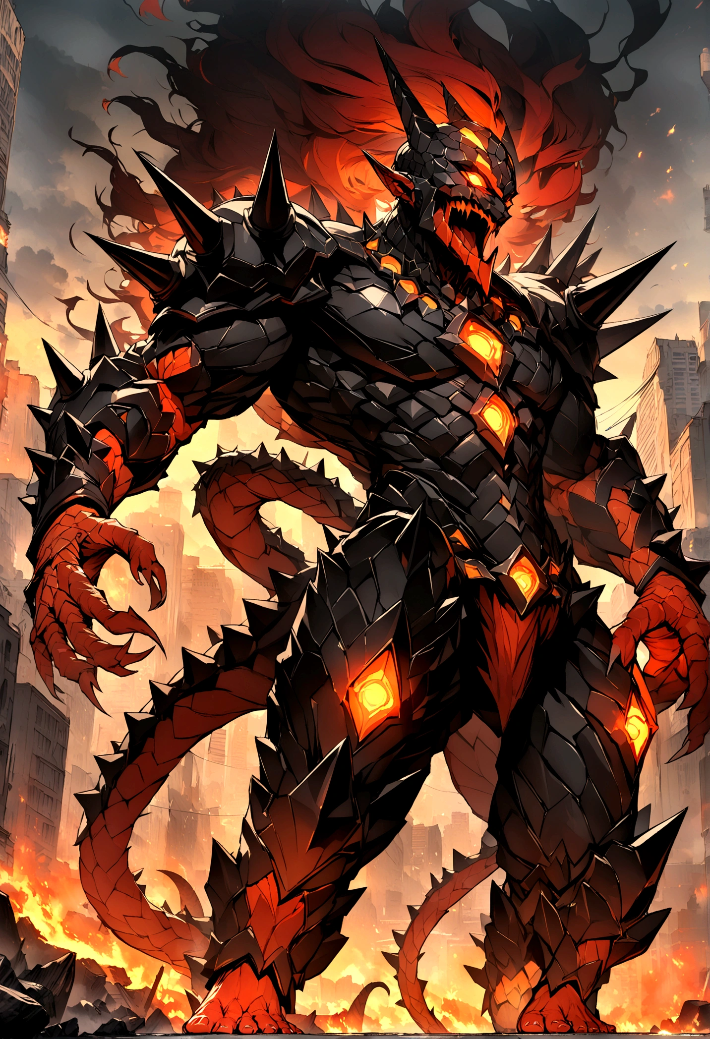 A male with red hair and his Kaiju form behind him, Masterpiece, Best quality, 8K, Detailed skin texture, obsidian-like plates that overlap like armor reptilian head, obsidian spikes running from the forehead to the back of the neck. Four glowing amber eyes, arms with massive claws and blades, feet have three large, taloned toes, A long, whip-like tail ending in a mace-like cluster of obsidian spike, orange lines and aura in between armor. HD. city background destroyed. ultra HD, masterpiece, 4k, 8k