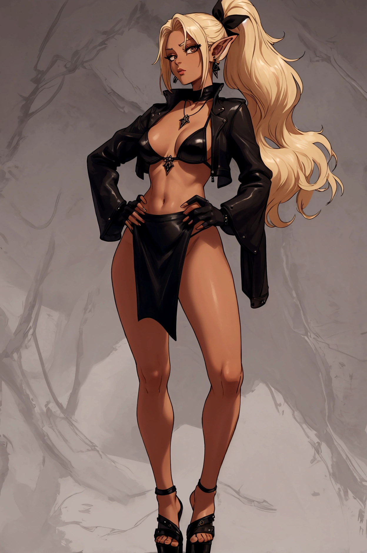 8K, Top Quality, Intricate Details, Ultra Detail, Ultra High Resolution, Masterpiece, full body, Very tall, dark skinned female elf; slender, blonde hairs and incredible long ponytail; strong makeup; brown eyes; small pointy breast; sensual midriff; wearing superhighplatform sandals, jewelery, necklace, earrings, black bikini top, short leather jacket, thongs with a lot of strings, leather skirt, long fingernails; gloves, rings, best quality, expressive eyes, perfect face, masterpiece, slim body, very long legs, detailed stomach, detailed hips, detailed legs, carefully drawn toes, carefully drawn feet, carefully drawn hands, best quality, drawn with careful, Dynamic Angle, Highly detailed, seductive eyes, NTR