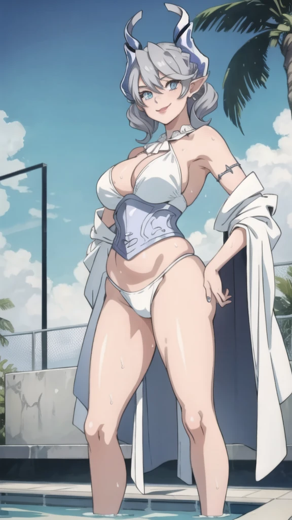 High level image quality best image quality 8K adult woman pool party rain palm trees more colors whole body view portrait bikini horn ears short hair((shortcut)(gray hair)(perm)(fluffy)) eye color is blue , , attractive evil face , smile , sexy pose , labrynth , arms crossed , barearm , wearing white silk robe , standing on person by the pool , crossed legs , all wet , wet hair , view foot arc, black toes nail