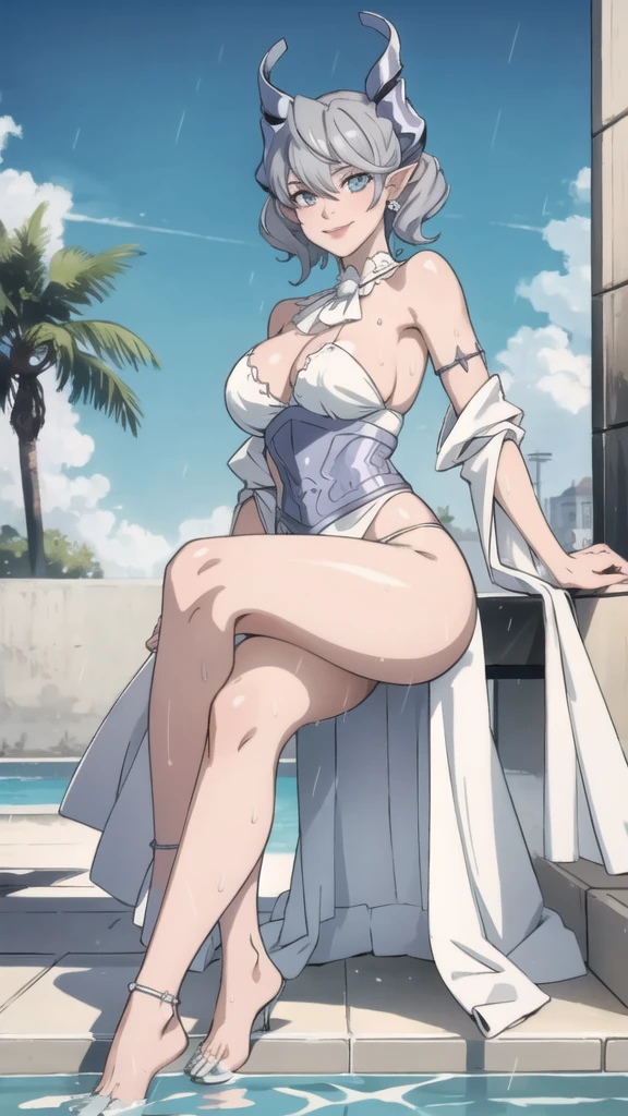High level image quality best image quality 8K adult woman pool party rain palm trees more colors whole body view portrait bikini horn ears short hair((shortcut)(gray hair)(perm)(fluffy)) eye color is blue , , attractive evil face , smile , sexy pose , labrynth , arms crossed , barearm , wearing white silk robe , standing on person by the pool , crossed legs , all wet , wet hair , view foot arc, black toes nail
