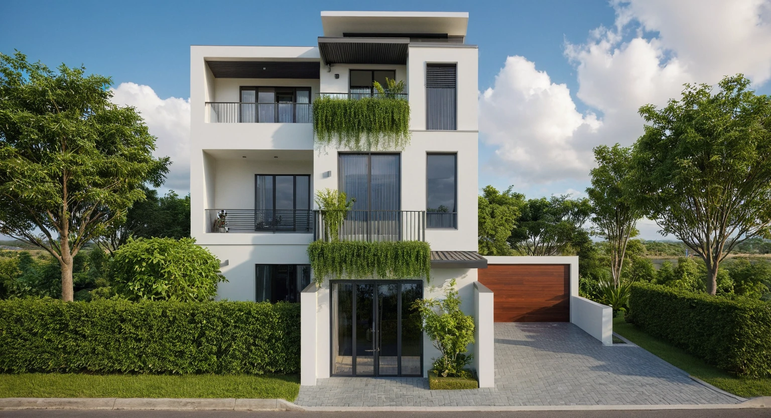 Masterpiece, high quality, best quality, authentic, super detail, outdoors,  aiaigroup, house style modern on the street, 3 floors, white wall ,road,pavement, grass, trees, sky, cloud, (daylight:1.1),  tropical style, full HD 8K, 
