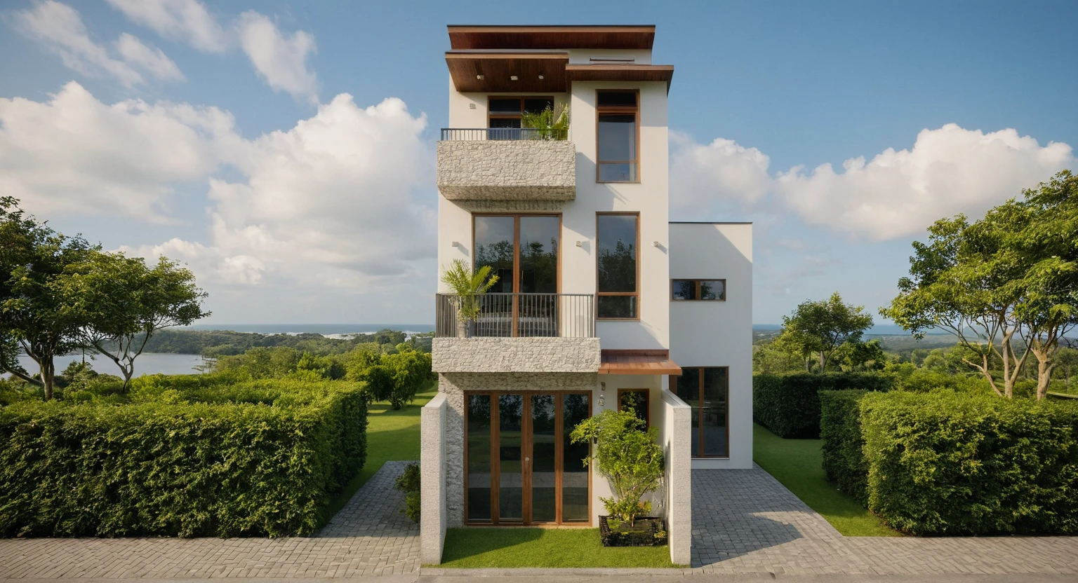 Masterpiece, high quality, best quality, authentic, super detail, outdoors, aiaigroup, house style modern on the street, 3 floors, white wall ,road,pavement, grass, trees, sky, cloud, (daylight:1.1), tropical style, full HD 8K,