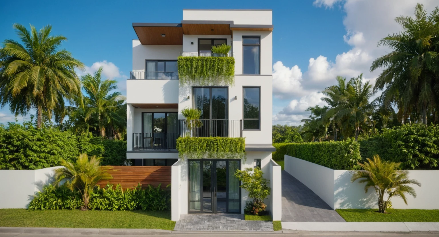 Masterpiece, high quality, best quality, authentic, super detail, outdoors,  aiaigroup, house style modern on the street, 3 floors, white wall ,road,pavement, grass, trees, sky, cloud, (daylight:1.1),  tropical style, full HD 8K, 
