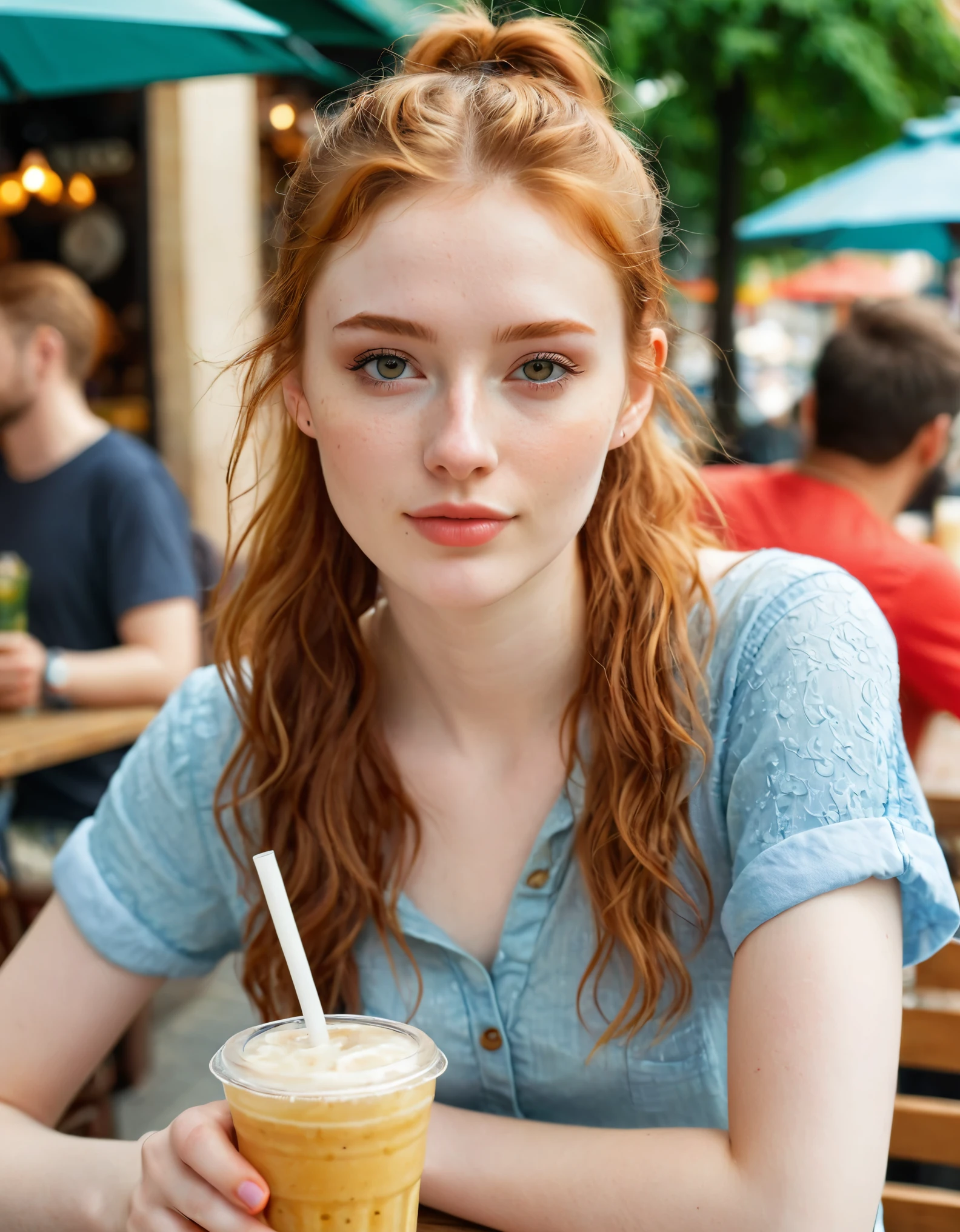 photography full body portrait of very beautiful realistic girl, -yeld, sin outdoor cafe, eating street food, porcelain skin, very fair skin, very pale skin, redhead, wavy, ponytail, detail skin texture, hazel eyes, slanted eyes, small nose, small nostril, think curved eyebrow, thick bottom lip, seductive gaze, happy face, unique face, wear casual dress, detail photo, realistic photo, master piece picture, sharp picture, outdoor clear daylight

