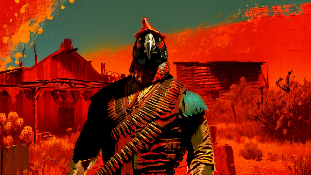 a highly detailed digital portrait of a parrot  in the wild west of america, red background, everything is shattering, hyperrealistic, octane render, photorealistic, 8k, intricate details, dramatic lighting, cinematic composition, weathered, dystopian, grungy, moody, intense colors, vivid, masterpiece