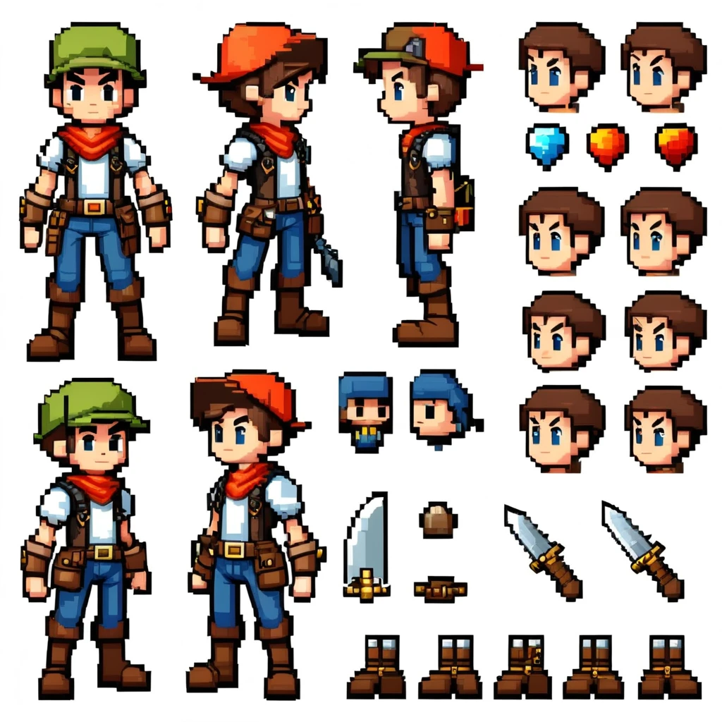 Pixel art,pixel art,Create an original character design sheet,main character of the game,boy,juvenile,adventurer's outfit,natural perm,musical instrument,bard,((3 views,whole body, background,multiple views,High resolution)),multiple views,multiple poses,Active,action pose,dynamic,nice,cute,masterpiece,highest quality,In detail,Gracefully,RPG,Famicom,Multiple characters,multiple outfits,Final Fantasy,boldly,ASSASIN , BLACK COAT , HUNTER, BLACK HOODIE, GOLDEN ARMOR