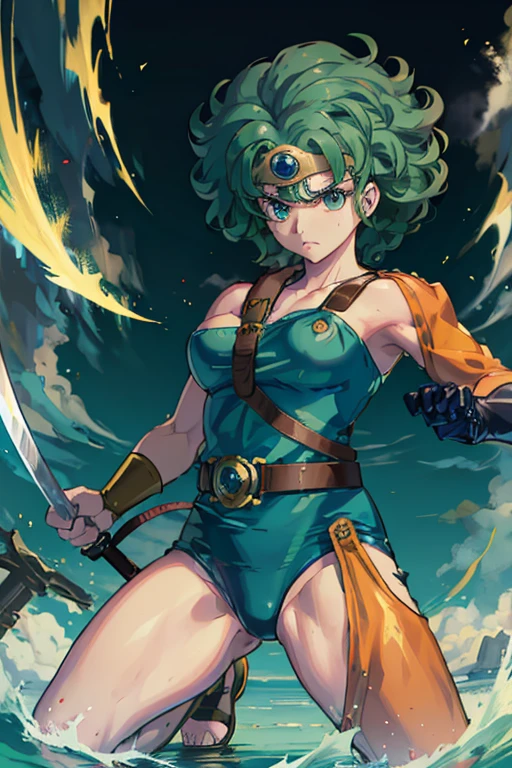 Anime Artwork Anime Artwork Masterpiece,most、high quality, Unreal Engine, Ultra-high resolution, Very detailed丸い胸, 1 person with medium chest,  Waist, thin,(Muscular:0.9)
 heroine, 
Circlet, Curly Hair, Green Hair, short hair, Asymmetrical clothing, leotard, belt, One-handed gloves, Single Sleeve, Single Thigh High Cave, Holding a sword, . Anime Style, Key Visual, Vibrant, Studio Anime,  Very detailed、　I'm running out of life. ragged equipment. kneel on one knee. be attacked by fire by the enemy.The leotard is torn to pieces.be on the verge of death by an attack from the enemy.My body and mind are worn out.