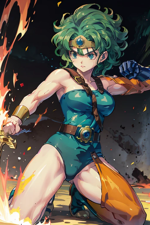 Anime Artwork Anime Artwork Masterpiece,most、high quality, Unreal Engine, Ultra-high resolution, Very detailed丸い胸, 1 person with medium chest,  Waist, thin,(Muscular:0.9)
 heroine, 
Circlet, Curly Hair, Green Hair, short hair, Asymmetrical clothing, leotard, belt, One-handed gloves, Single Sleeve, Single Thigh High Cave, Holding a sword, . Anime Style, Key Visual, Vibrant, Studio Anime,  Very detailed、　I'm running out of life. ragged equipment. kneel on one knee. be attacked by fire by the enemy.The leotard is torn to pieces.be on the verge of death by an attack from the enemy.My body and mind are worn out.