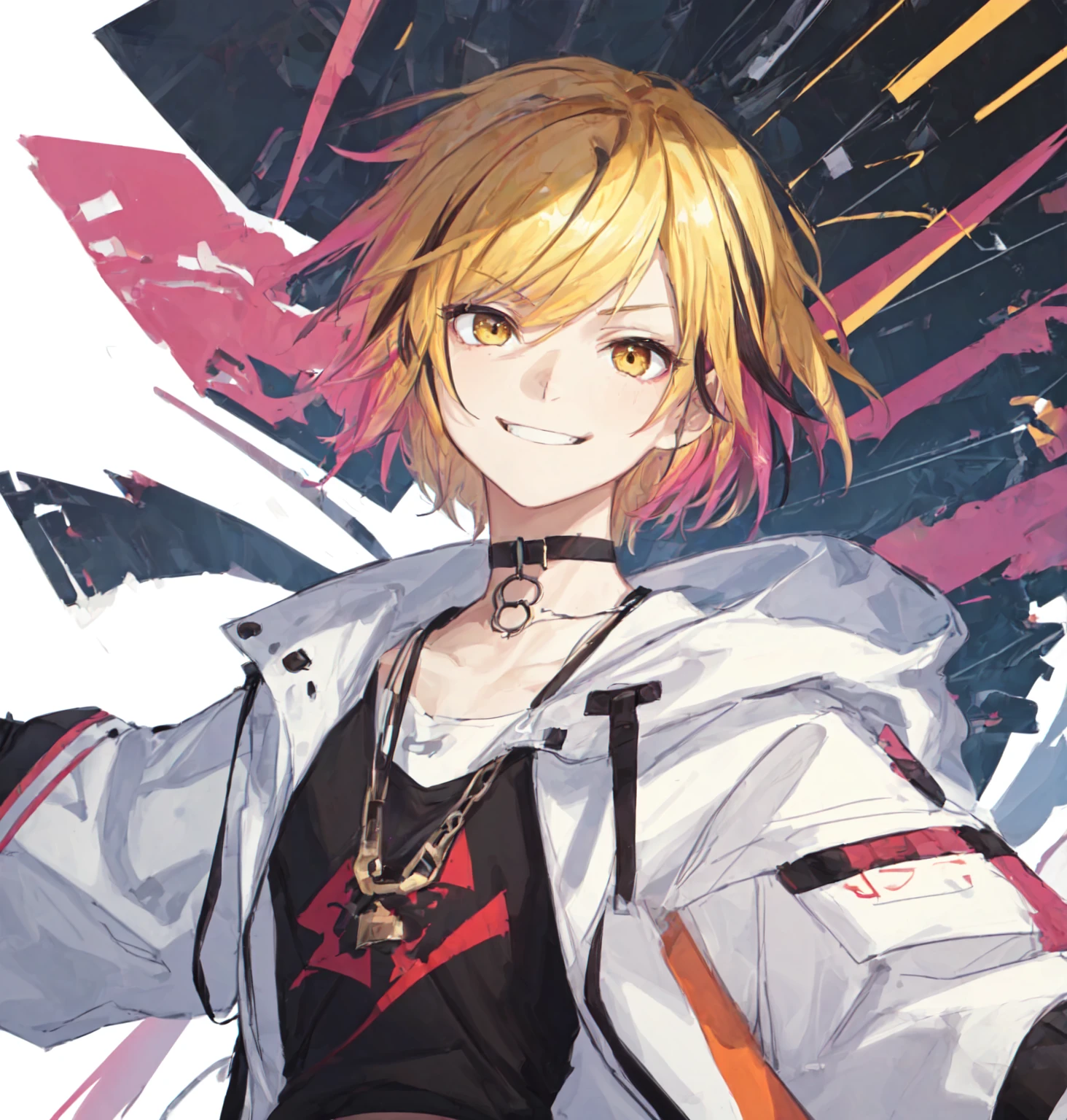 (detailed face, incredibly absurdres, smooth, 8k wallapaper, masterpiece, white background, hyper extreme detailed:1.2), (portrait:1.1), (blonde red and black hair, multicolored hair, gradient hair:1.3), 1girl, solo, teenager, yellow eyes, golden eyes, choker, white casual clothes, modern clothes, white shirt, black jacket, (open jacket, exusiai, short hair, punk, smirk, cocky:1.22)