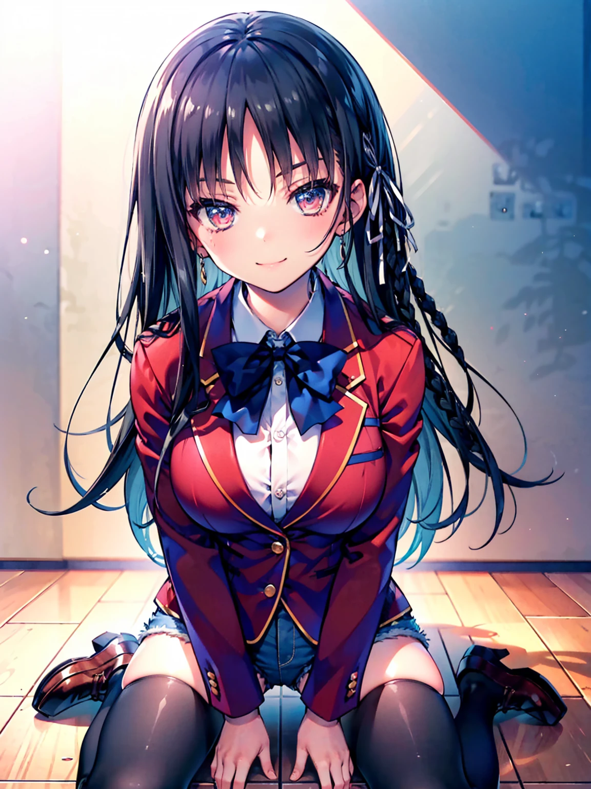 (8K, Highest quality, Highest quality, masterpiece), sit on the floor, aasuzune, long hair, black hair, (single braid:1.2), hair ribbon, red jacket, blazer, blue bowtie, long sleeves, black thighhighs, smile, denim hot shorts, mini shorts, big breasts