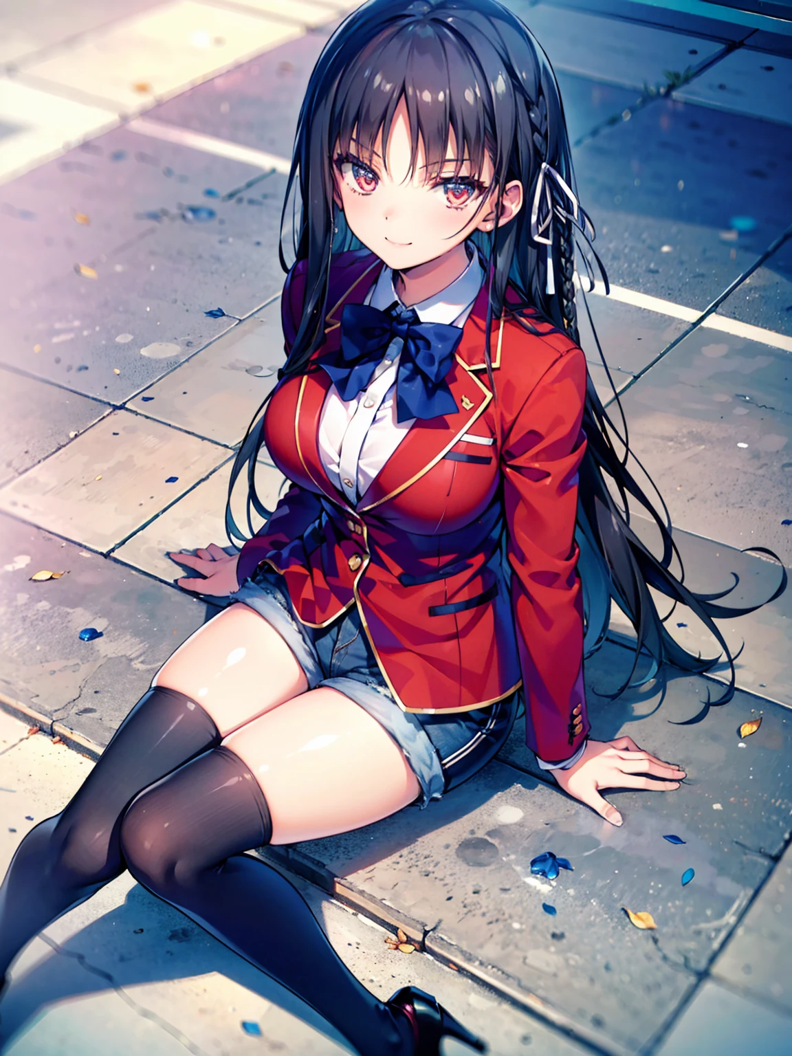 (8K, Highest quality, Highest quality, masterpiece), sit on the floor, aasuzune, long hair, black hair, (single braid:1.2), hair ribbon, red jacket, blazer, blue bowtie, long sleeves, black thighhighs, smile, denim hot shorts, mini shorts, big breasts