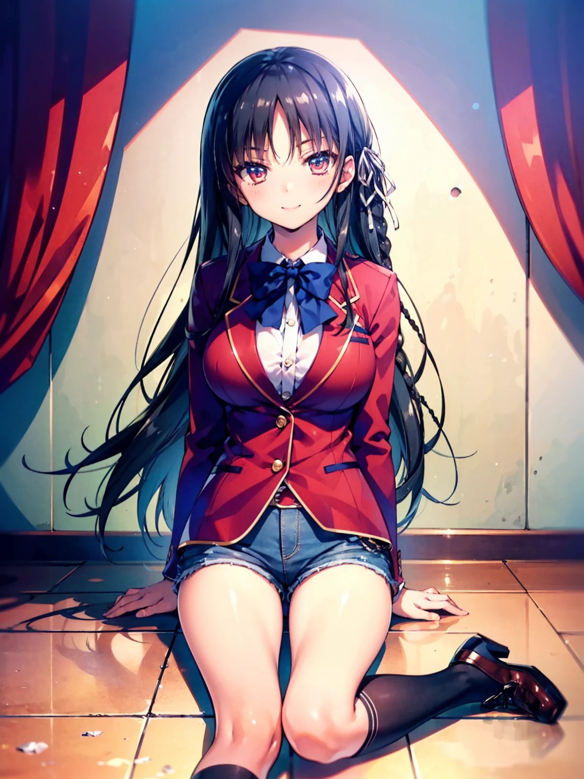 (8K, Highest quality, Highest quality, masterpiece), sit on the floor, aasuzune, long hair, black hair, (single braid:1.2), hair ribbon, red jacket, blazer, blue bowtie, long sleeves, black thighhighs, smile, denim hot shorts, mini shorts, big breasts