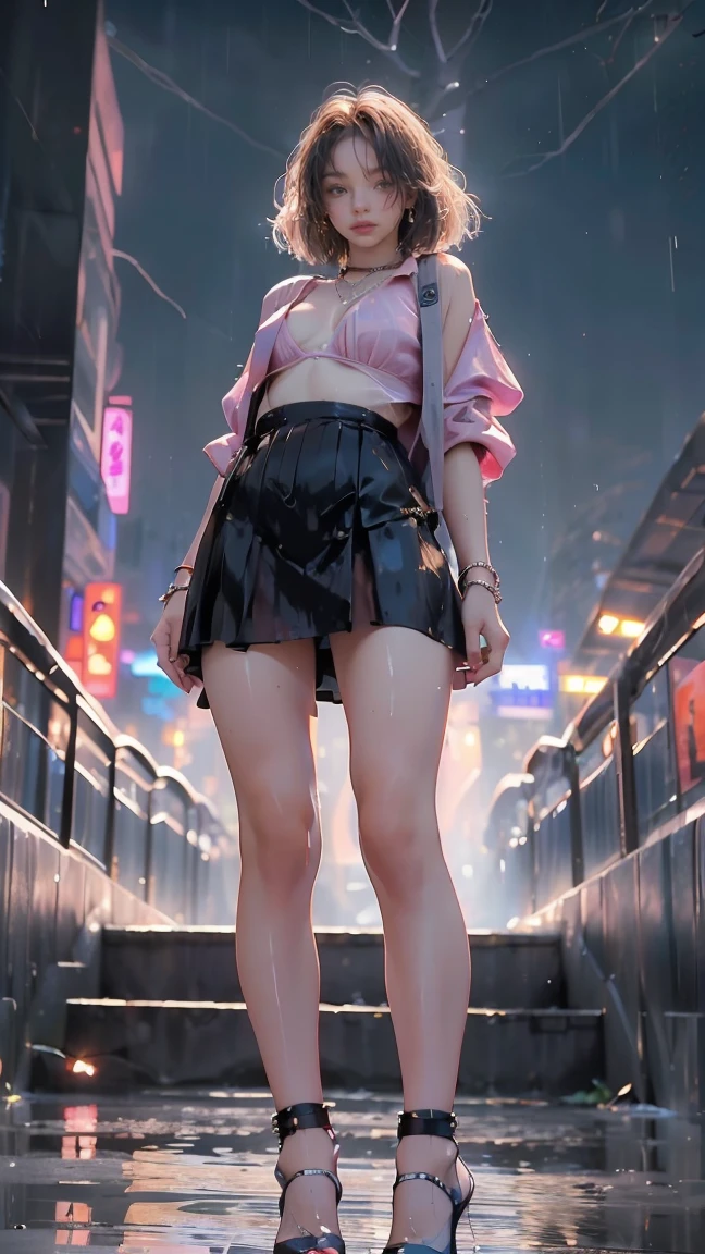 (Attention when viewing, realistic:1.5, 16K, top quality, masterpiece, Ultra high resolution), ((typhoon, heavy rain, from below)), Perfect dynamic composition:1.2, (Modern futuristic city at night, Expressions of sadness:0.9, Go down the stairs:1.0), Highly detailed skin and face textures.:1.2, Beautiful young slender woman 22 years old, Scandinavian. got wet in the rain, thin waist, bright skin, Sexy beauty:1.1, Beautiful ly、Beautiful:1.1, Very Beautiful face:1.2, water droplets on the skin, (The rain is dripping on my body:1.2, wet body:1.2, wet hair:1.3), (Wet pink tight skirt:1.2, , (beautiful small breasts, Chest rupture), (Big eyes that exude Beautiful eroticism:0.8, Lips that exude Beautiful eroticism:0.8), necklace, earrings, bracelet, wedding ring, backpack, times, sunglasses, high heels, cowboy shot