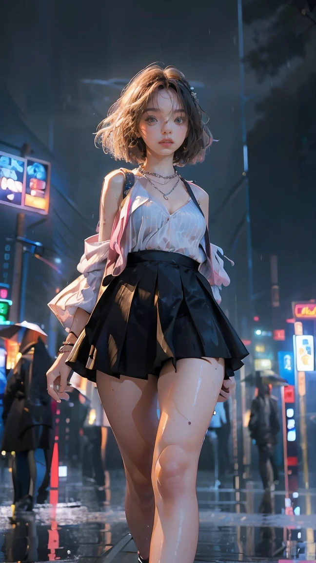 (Attention when viewing, realistic:1.5, 16K, top quality, masterpiece, Ultra high resolution), ((typhoon, heavy rain, from below)), Perfect dynamic composition:1.2, (Modern futuristic city at night, Expressions of sadness:0.9, Go down the stairs:1.0), Highly detailed skin and face textures.:1.2, Beautiful young slender woman 22 years old, Scandinavian. got wet in the rain, thin waist, bright skin, Sexy beauty:1.1, Beautiful ly、Beautiful:1.1, Very Beautiful face:1.2, water droplets on the skin, (The rain is dripping on my body:1.2, wet body:1.2, wet hair:1.3), (Wet pink tight skirt:1.2, , (beautiful small breasts, Chest rupture), (Big eyes that exude Beautiful eroticism:0.8, Lips that exude Beautiful eroticism:0.8), necklace, earrings, bracelet, wedding ring, backpack, times, sunglasses, high heels, cowboy shot