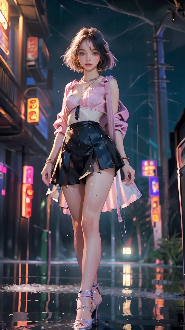 (Attention when viewing, realistic:1.5, 16K, top quality, masterpiece, Ultra high resolution), ((typhoon, heavy rain, from below)), Perfect dynamic composition:1.2, (Modern futuristic city at night, Expressions of sadness:0.9, Go down the stairs:1.0), Highly detailed skin and face textures.:1.2, Beautiful young slender woman 22 years old, Scandinavian. got wet in the rain, thin waist, bright skin, Sexy beauty:1.1, Beautiful ly、Beautiful:1.1, Very Beautiful face:1.2, water droplets on the skin, (The rain is dripping on my body:1.2, wet body:1.2, wet hair:1.3), (Wet pink tight skirt:1.2, , (beautiful small breasts, Chest rupture), (Big eyes that exude Beautiful eroticism:0.8, Lips that exude Beautiful eroticism:0.8), necklace, earrings, bracelet, wedding ring, backpack, times, sunglasses, high heels, cowboy shot