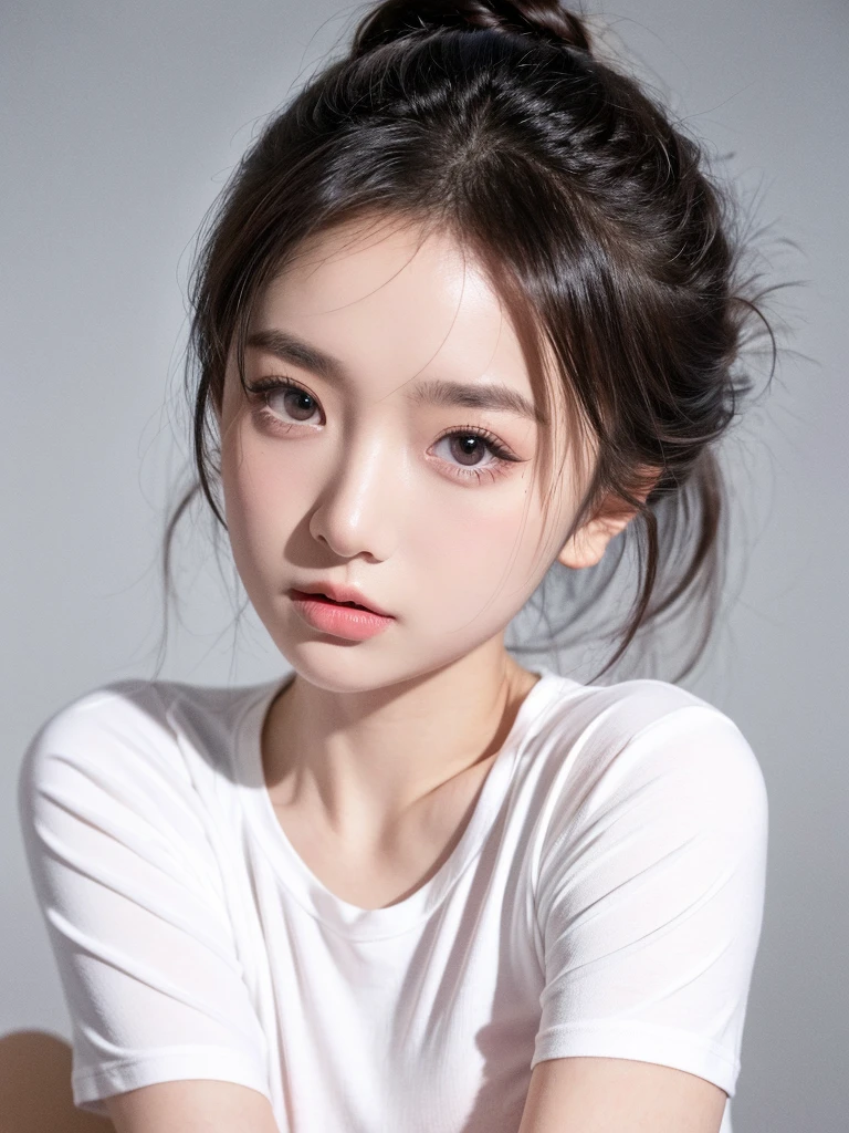 masterpiece,Best picture quality,Extreme details,Ultra-high resolution,Ultra-high definition,Beautiful young people,Glowing skin,thin,Black Hair,Half bun,1,big eyes,beautiful eyes,Lipstick,Exquisite facial features,Medium shot,Looking at the viewer, t-shirt,Single tone background,White background,Soft light