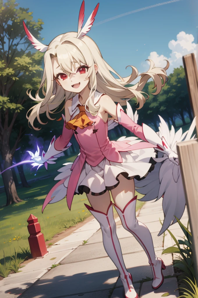 1girl,solo,smile,outdoor,,looking viewer,,***,(petite), 
aaillya,long_hair,blonde_hair,red_eyes,hair_between_eyes,bangs,white_hair,illyamagical,feather_hair_ornament,feather,magical_girl,hair_ornament,gloves,two_side_up,white_gloves,elbow_gloves,detached_sleeves,ascot,thigh_boots,thighhighs,pink_footwear,boots,bare_shoulders,cape