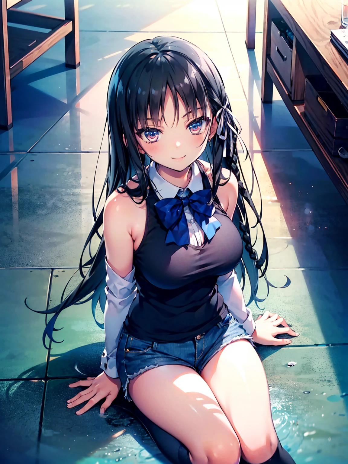 (8K, Highest quality, Highest quality, masterpiece), sit on the floor, aasuzune, long hair, black hair, (single braid:1.2), hair ribbon, black tank top, blue bowtie, long sleeves, black thighhighs, smile, denim hot shorts, mini shorts, big breasts