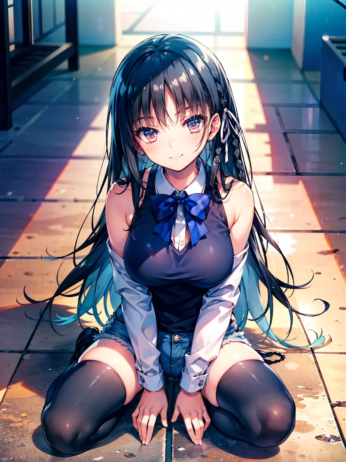 (8K, Highest quality, Highest quality, masterpiece), sit on the floor, aasuzune, long hair, black hair, (single braid:1.2), hair ribbon, black tank top, blue bowtie, long sleeves, black thighhighs, smile, denim hot shorts, mini shorts, big breasts