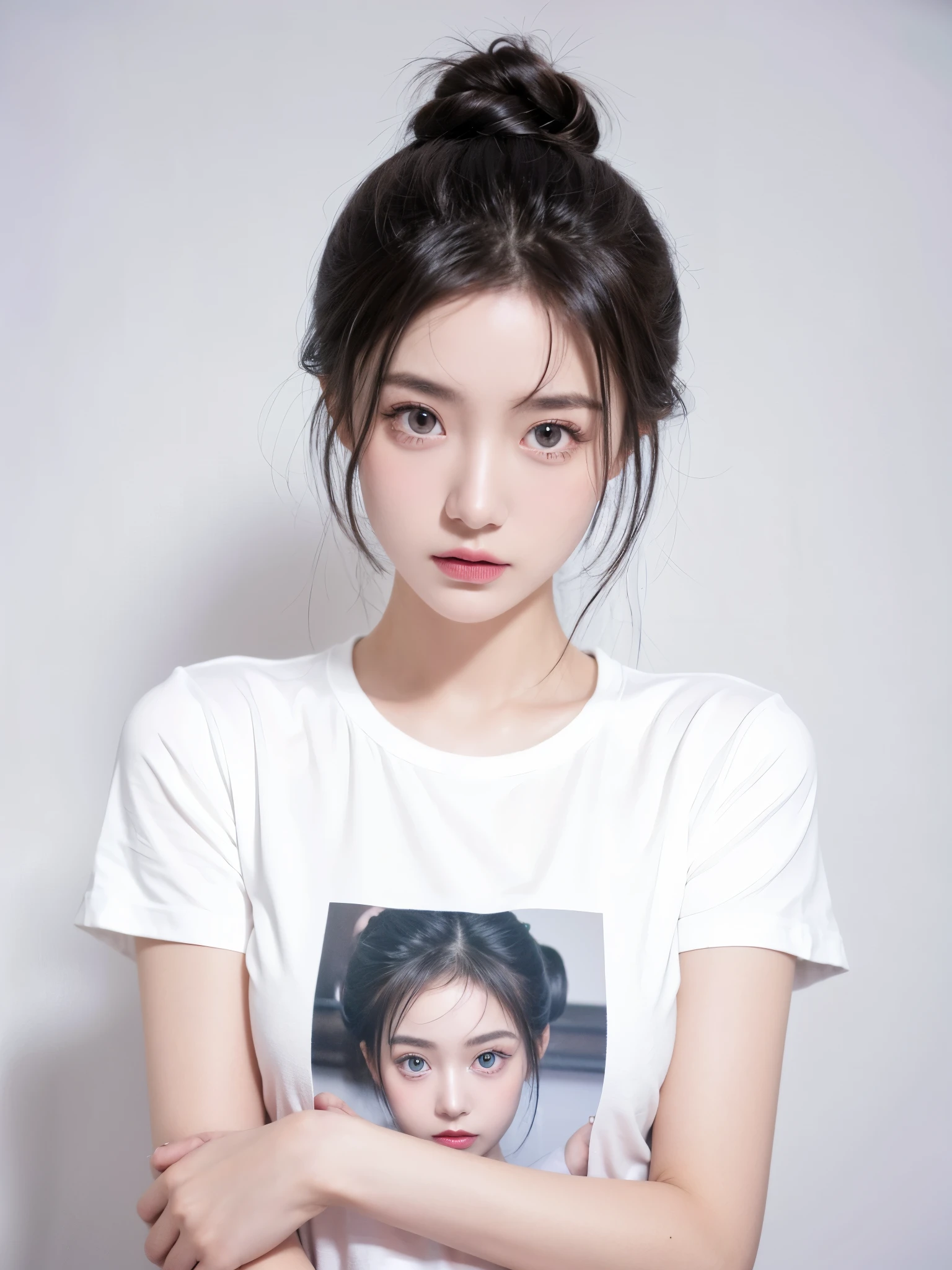 masterpiece,Best picture quality,Extreme details,Ultra-high resolution,Ultra-high definition,Beautiful young people,Glowing skin,thin,Black Hair,Half bun,1,big eyes,beautiful eyes,Lipstick,Exquisite facial features,Medium shot,Looking at the viewer, t-shirt,Single tone background,White background,Soft light