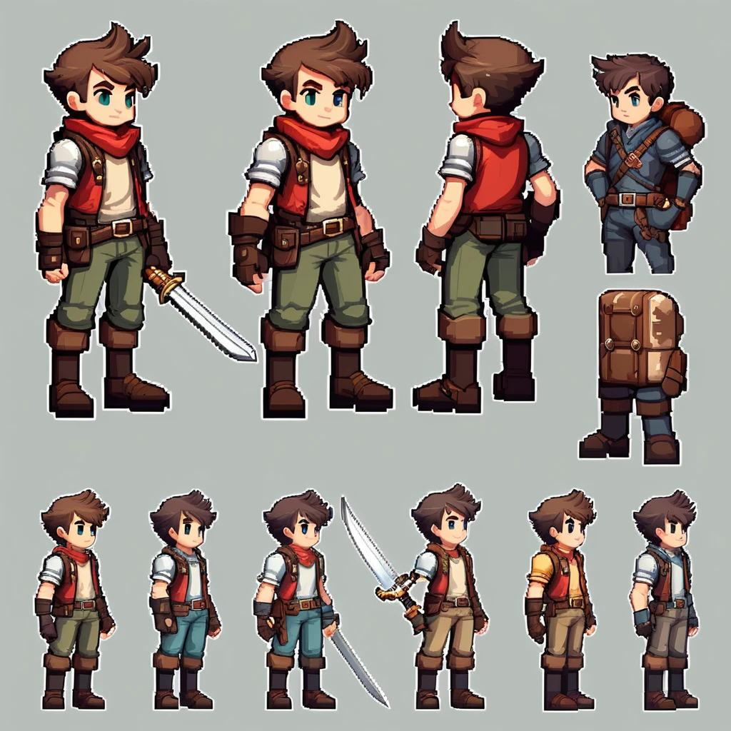 Pixel art,pixel art,Create an original character design sheet,main character of the game,boy,juvenile,adventurer&#39;s outfit,natural perm,musical instrument,bard,((3 views,whole body, background,multiple views,High resolution)),multiple views,multiple poses,Active,action pose,dynamic,nice,cute,masterpiece,highest quality,In detail,Gracefully,RPG,Famicom,Multiple characters,multiple outfits,Final Fantasy,boldly,ASSASIN , BLACK COAT , HUNTER, BLACK HOODIE, ARMOR