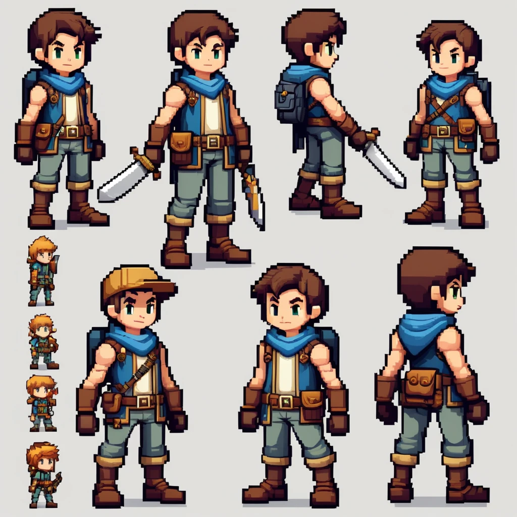 Pixel art,pixel art,Create an original character design sheet,main character of the game,boy,juvenile,adventurer's outfit,natural perm,musical instrument,bard,((3 views,whole body, background,multiple views,High resolution)),multiple views,multiple poses,Active,action pose,dynamic,nice,cute,masterpiece,highest quality,In detail,Gracefully,RPG,Famicom,Multiple characters,multiple outfits,Final Fantasy,boldly,ASSASIN , BLACK COAT , HUNTER, BLACK HOODIE, ARMOR