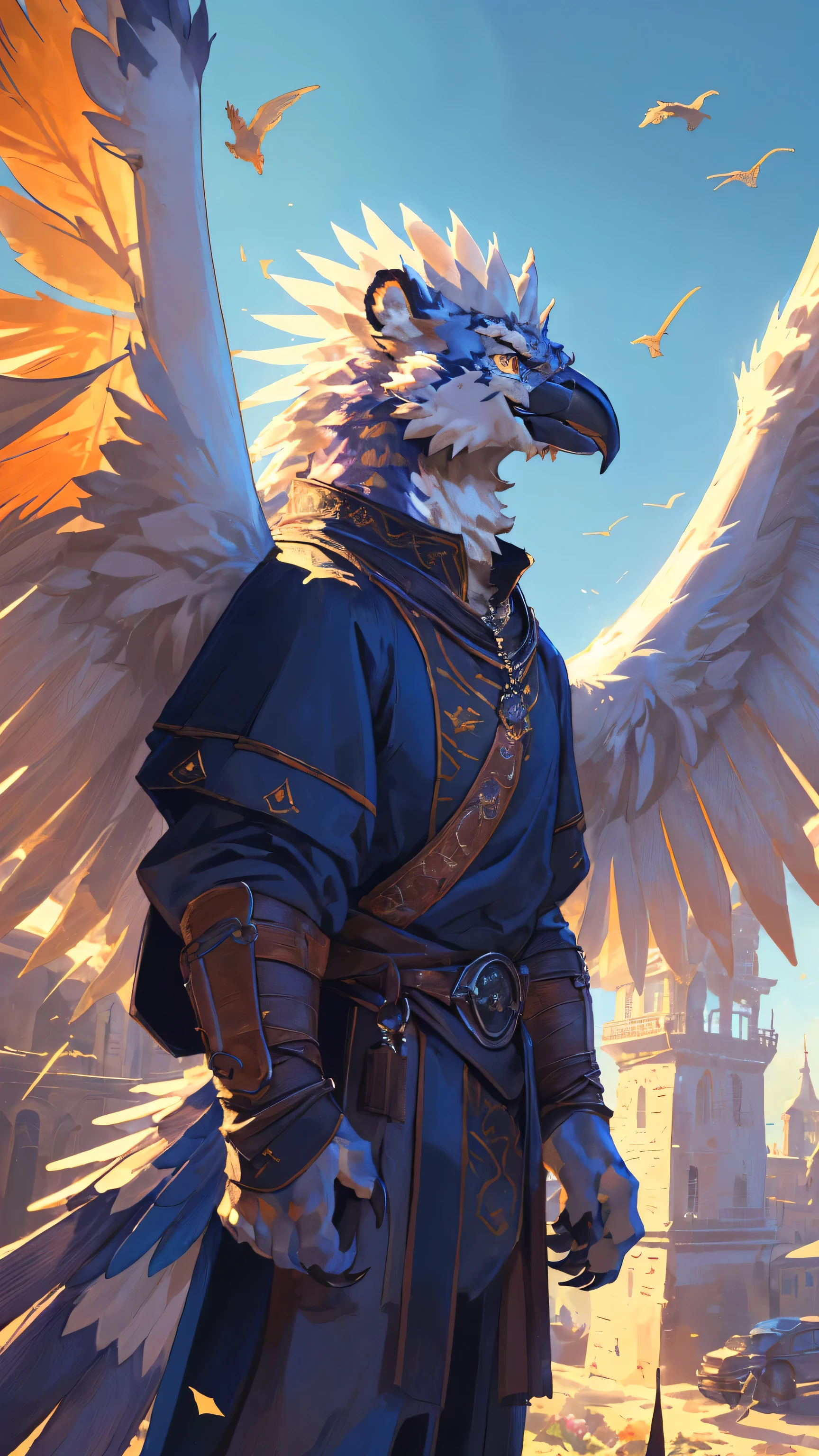 ((middle Ages:1.3))，【Sky background:1.6】，(Royal Family:1.2)，((sunny:1.4))，high resolution，4K，【9:16 Whole body:1.1，posture:1.5】，masterpiece，high quality，((Griffin))，male，Furry，(teenager:1.3)，hairy，((Fierce and vicious:1.4))，(((，Lean:1.2，Big Wings:1.3，Bird claws子:1.3)))，(((White upper body:1.4，White Wings:1.3，pupil:1.2，Bird claws:1.3，Lower Body:1.3)))，Exquisite eyes，Detailed body，Detailed claws，Detailed feet，Kenket&#39;s Art
