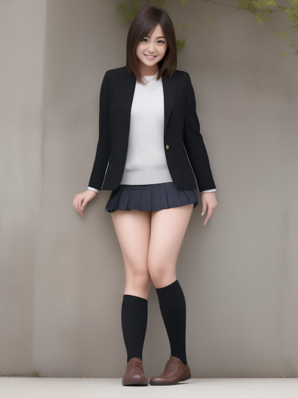 (((masterpiece))),  (Beautiful Japanese Girl, Classmate, Landscape and innocence，cute) ，Ultra-high resolution, Realistic, Ultra-detailed, 8K,Highest quality, Very detailed, Detailed Background,Slender,とてもBeautiful Japanese Girl, Detailed face:1.3), (Boyish short hair，Black-haired :1.4), (，cute系,Adorable 14 year oPerfect body:1.1),  (Brown blazer, Lightブラウンのプリーツミニスカート,((Black high socks))), Provocative smile,Show me your beautiful teeth,Rosy Cheeks，非常にDetailed face、Detailed lips、Detailed eyes、 gravure idol，Clear Skin、upon，A Japanese high school with the school emblem on its chest， wonderful, In detail,(In the classroom), ((Full Body Shot)), Perfect Anatomy, Photorealistic,photograph, Perfect Skin, Warm air，(Beautiful thighs，Perfect feet without discomfort)，Hopes and fears，sexy pose looking at camera,Please show me your white underwear，Light