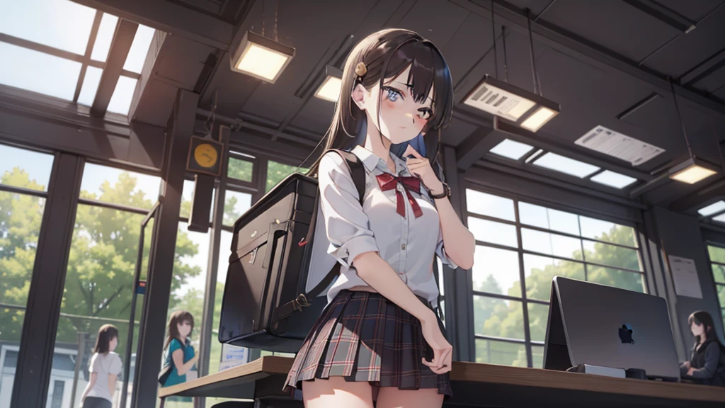 masterpiece, Highest quality, 2D, High resolution, Very detailed, Detailed Background, Cinema Lighting, One girl, View your viewers, Wear a plaid shirt, Midi Skirt, Pleated skirt, Casual Girl, wearing headphone, listen to music, (headphone:1.1), Are standing, With a backpack on, (randoseru backpack:1.1), sunlight, Waiting train, station, Are standing in platform , Girls in the city