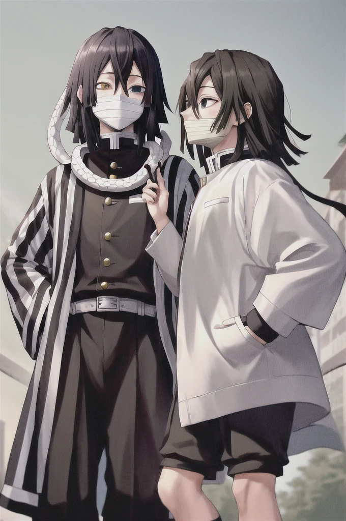 masterpiece, best quality, highres, 1boy obanai, demon slayer uniform vertical stripes jacket black pants, white snake, mask hand on hip